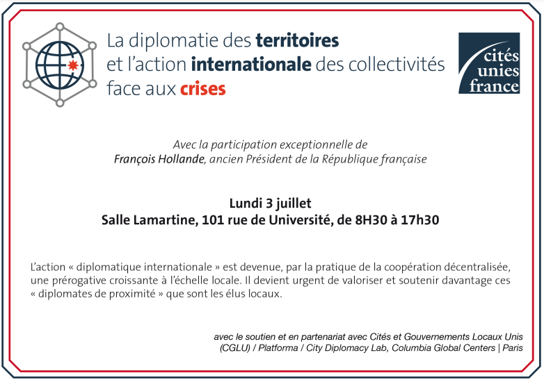 ▶️Le 3 juillet, colloque exceptionnel sur la diplomatie des territoires et l'action internationale des collectivités face aux crises, en partenariat avec @uclg_org, @Platforma4Dev et @CityDiploLab  
Les inscriptions se terminent bientôt 👉rb.gy/037vs