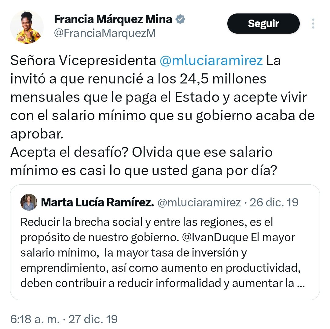 inverxia_co's tweet image. Una lastima que Marta Lucía no lo hizo en su momento, espero que @FranciaMarquezM si lo haga y nos brinde un ejemplo a todos de verdadera coherencia en su discurso social o será tan disonante como varios de sus amigos de bancada.

¿Ustedes creen que lo haría?