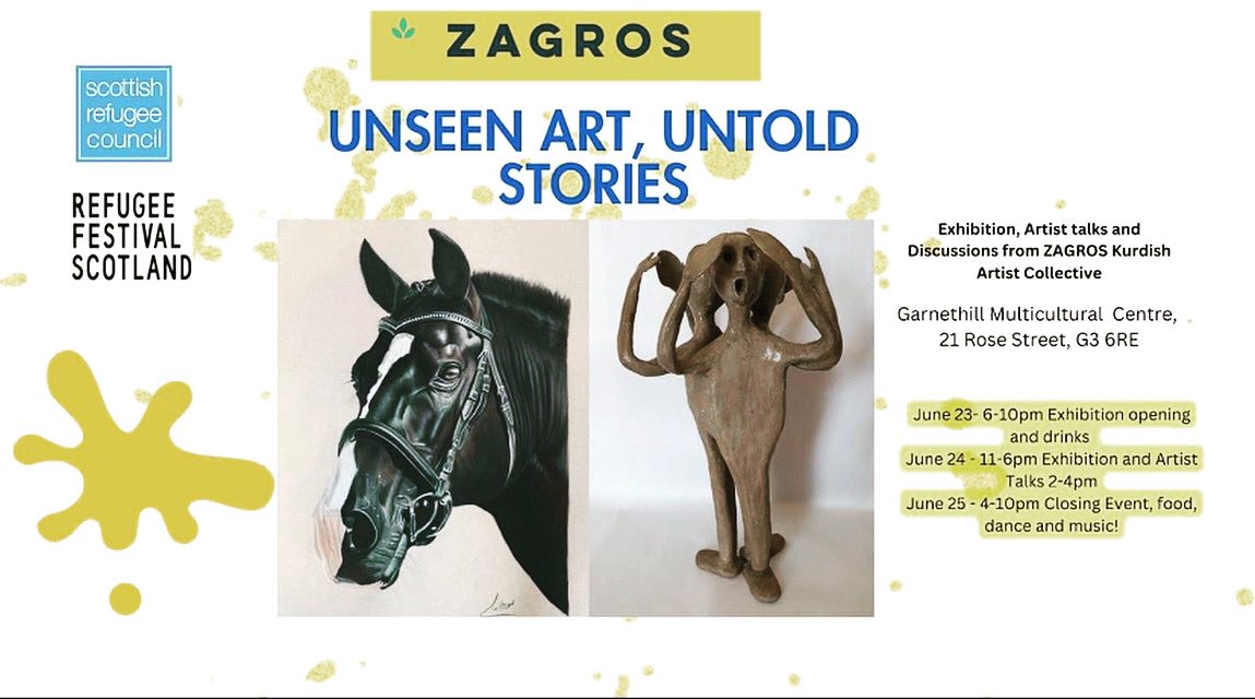 Art exhibition including paintings by our lovely friend and amazing artist,  Sonya.  

Everyone is welcome to attend.  

“Unseen Art Untold Stories Refugee Festival Scotland.  Join us for an exhibition, talk, food, drink, music and dance”

<a href="/scotrefcouncil/">Scottish Refugee Council 🧡</a> #RefugeeFestScot