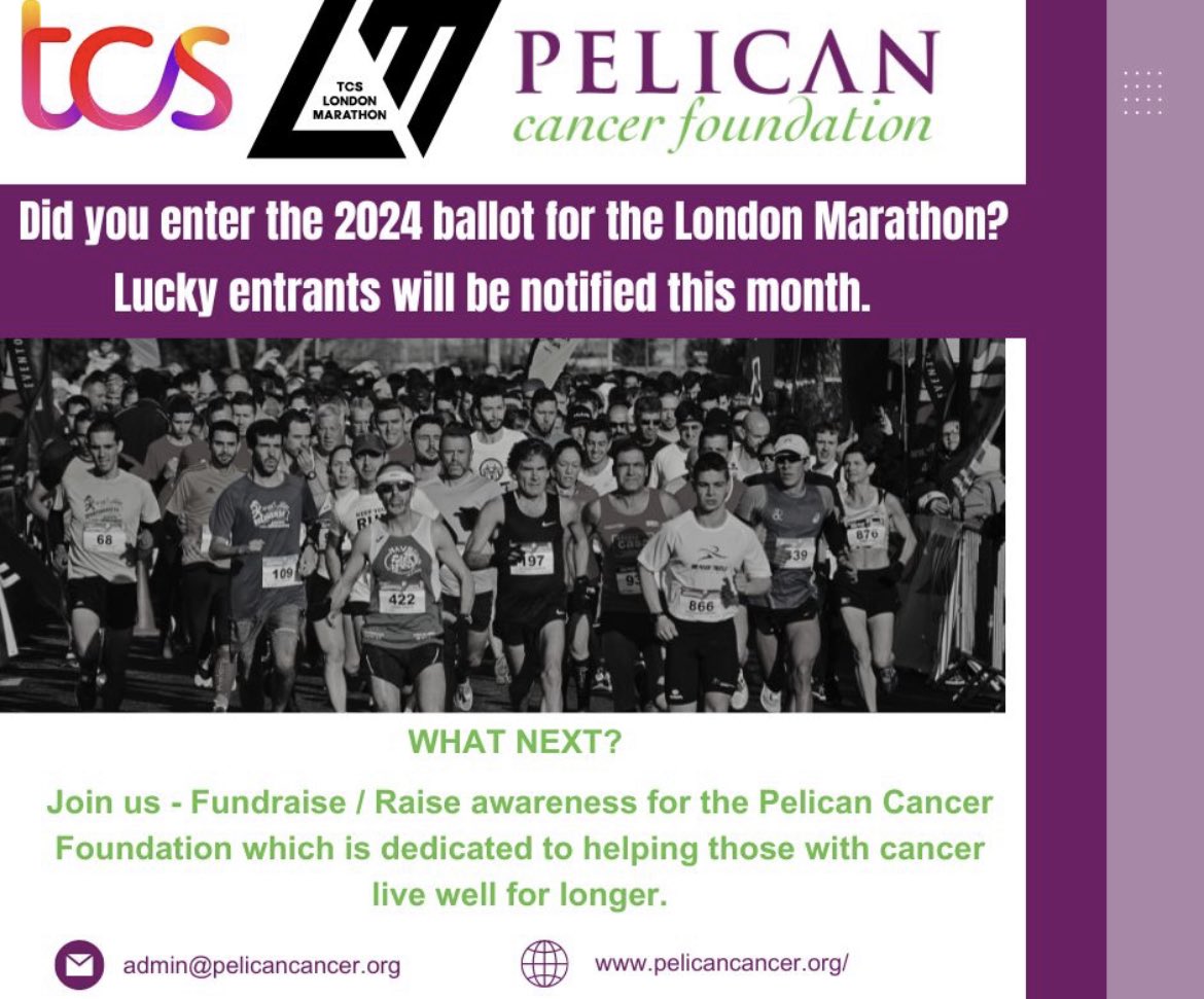 Pelican Cancer Foundation (@pelican_cancer) on Twitter photo Planning to run the <a href="/LondonMarathon/">TCS London Marathon</a> 2024?
Why not go the extra mile & support Pelican by raising awareness & vital funds that support research & education into #BowelCancer to help patients #livewellforlonger.
Email: admin@pelicancancer.org Planning to run the <a href="/LondonMarathon/">TCS London Marathon</a> 2024?
Why not go the extra mile & support Pelican by raising awareness & vital funds that support research & education into #BowelCancer to help patients #livewellforlonger.
Email: admin@pelicancancer.org