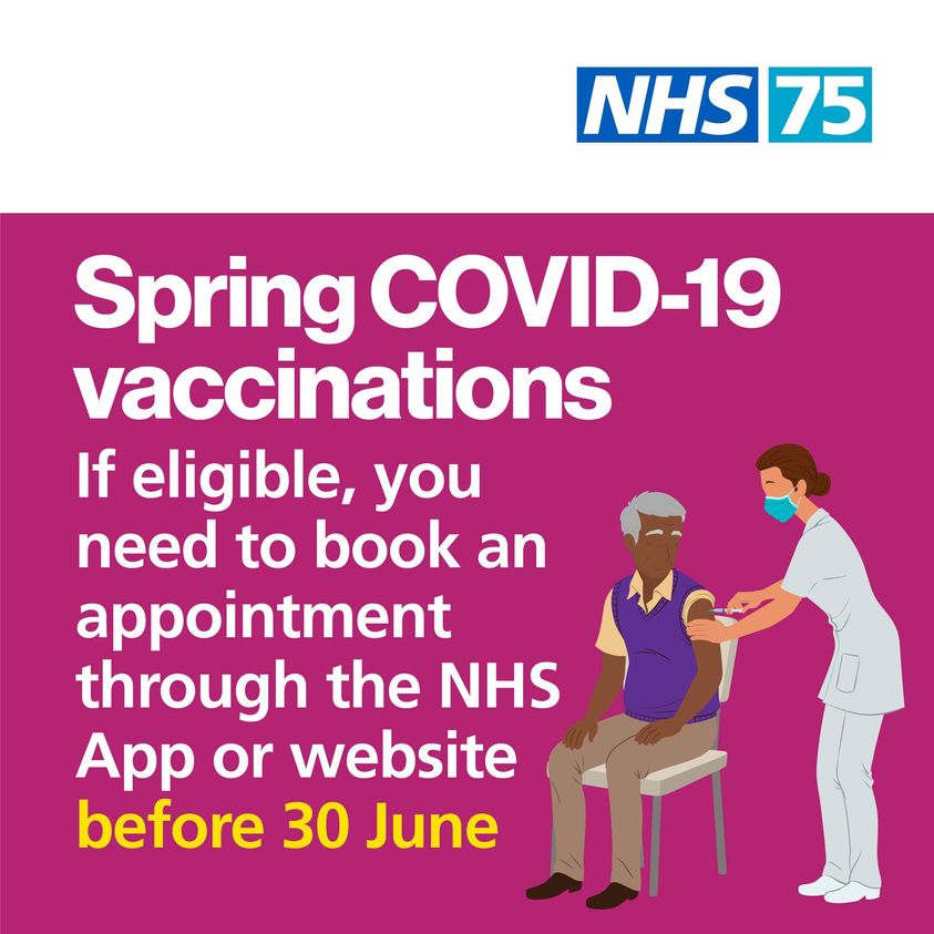 People aged 75 or above, or those with a weakened immune system, can get their spring COVID-19 vaccine until 30 June.
You can book at nhs.uk/CovidVaccinati…, through the NHS App, or by calling 119.