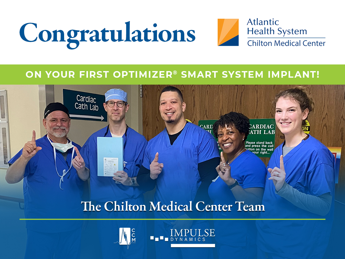 Congratulations to the Atlantic Health System - Chilton Medical Center team for their first successful implant of the Optimizer® Smart System, which provides CCM® therapy for heart failure patients!

#medicaldevices #heartfailure #CCM #Optimizer #epeeps #ImpulseDynamics