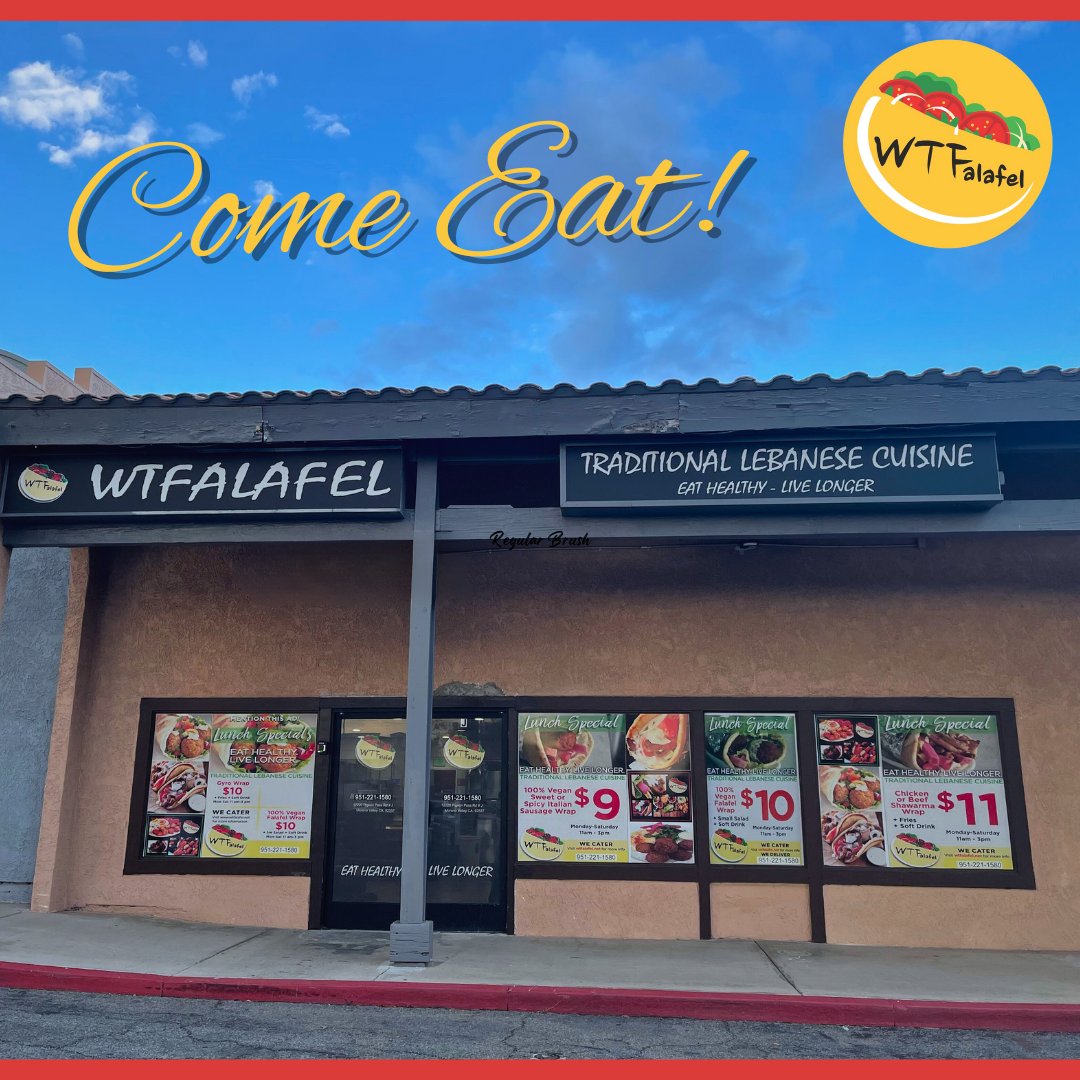 Come join us at WTFalafel located in Moreno Valley just off the 60 freeway!

📌12220 Pigeon Pass Rd, Unit J, Moreno Valley

#wtfalafel #morenovalley #vegan #lebanesefood #falafel #foodspot #healthy