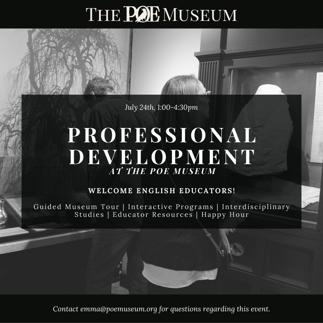 Are you a Virginia English educator?

Join The Poe Museum and <a href="/VATEnglish/">VATE</a> on July 24th from 1:00-4:30 pm for a professional development workshop! This event is free. RSVP here: tinyurl.com/3z2e5yun