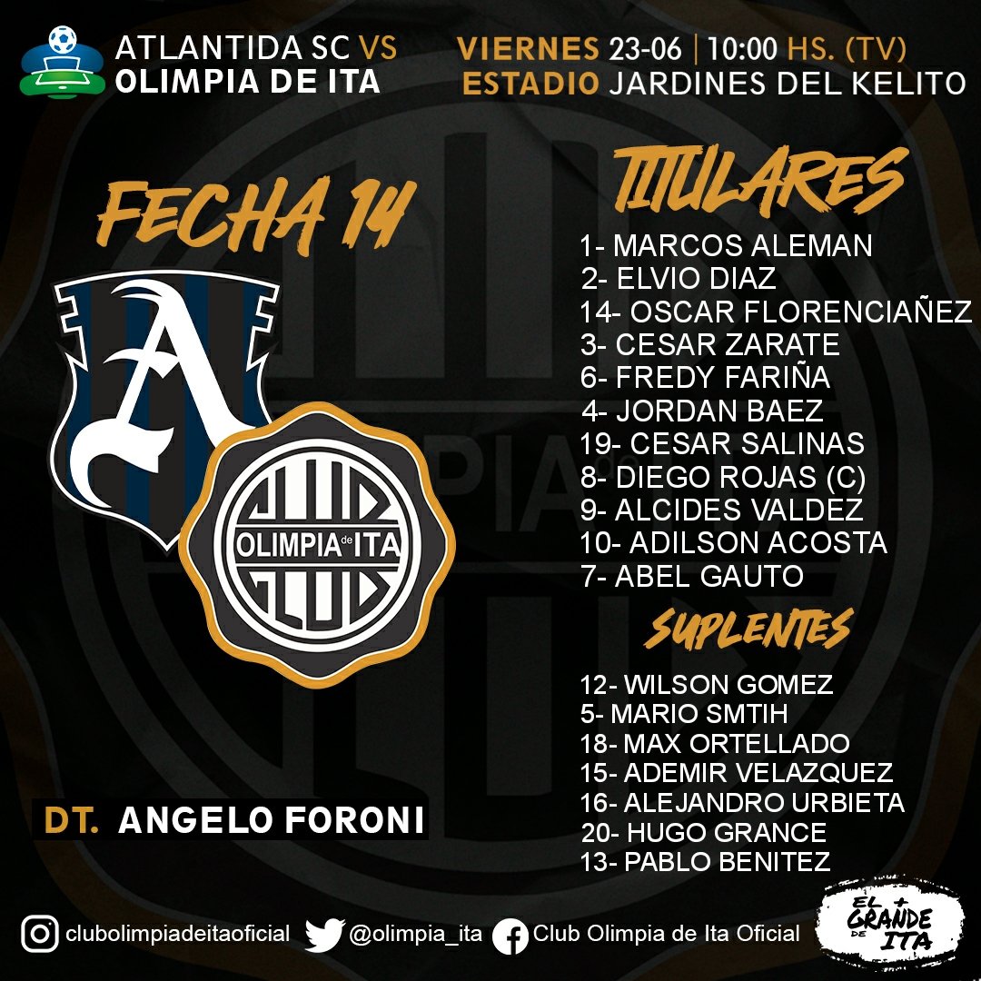 ⚽ | 𝐏𝐫𝐢𝐦𝐞𝐫𝐚 𝐁 
. 
◾Fecha 14
.
📝 Plantel confirmado por el Prof. Angelo Foroni para medir al Club Atlántida. 
. 
#𝐄𝐥𝐌𝐚𝐬𝐆𝐫𝐚𝐧𝐝𝐞𝐃𝐞𝐈𝐭𝐚 ◽◾◽