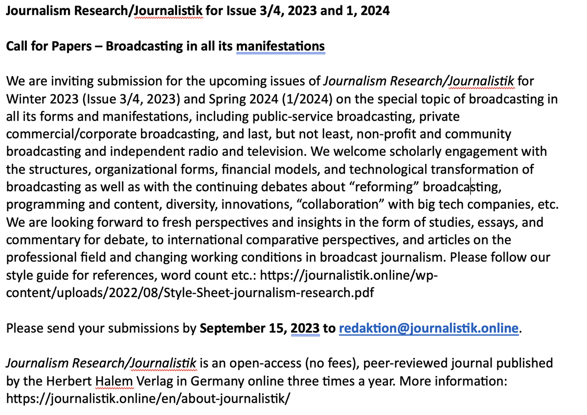 StineEckert's tweet photo. Call for Papers: #Broadcasting in all its forms &amp; manifestations, current debates on financing, structures, #diversity, #innovation. Private, public &amp; community/independent. Submit by Sept. 15, 2023. #CfP @CSW_AEJMC @aejmc_ccs @gcsc2020 @AEJMC_MCS @ica_fsd @Journalism_ICA 📺📻🎙️ https://t.co/rCMTNsuoyw