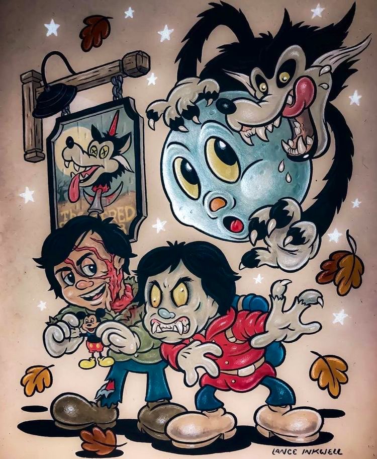 An American Werewolf in London. Retro-style rubber hose art by Lance Inkwell. #cartoonart #filmtwitter #HorrorArt #horror