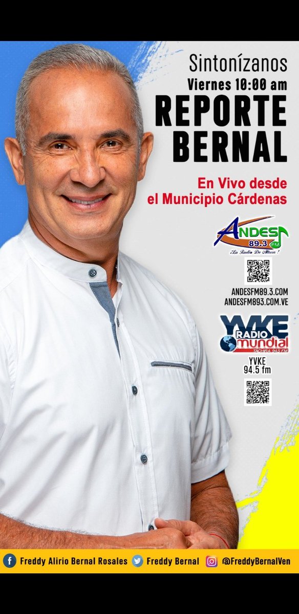 No te lo pierdas #ReporteBernal141, en vivo desde #IUT región Los Andes  con el afrodescendiente de la comunicación <a href="/arguelloyepfri/">Yepfri Arguello</a>

El Táchira sigue avanzando con <a href="/FreddyBernal/">Freddy Bernal</a>

<a href="/MinAlimenVen/">minalimentacion_ve</a>
<a href="/MartaGalloVzla/">Marta Gallo</a>
<a href="/Gob_Tachira/">Gobernación del estado Táchira</a>
<a href="/Psuv_cardenas/">Psuvcardenas</a>
<a href="/PSUVTachira/">PSUV Táchira</a>

#SoyComunicadorClap
