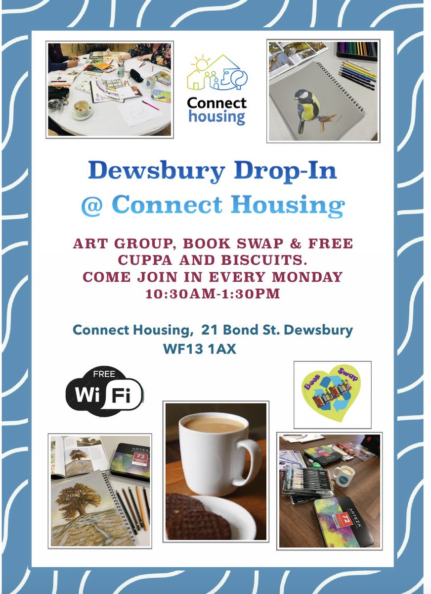 Feeling artistic or just fancy a bit of company? Come to our Dewsbury office drop-in on Mondays from 10.30am-1.30pm! Everyone is welcome and there'll be plenty of hot drinks and biscuits on hand to fuel the creativity.