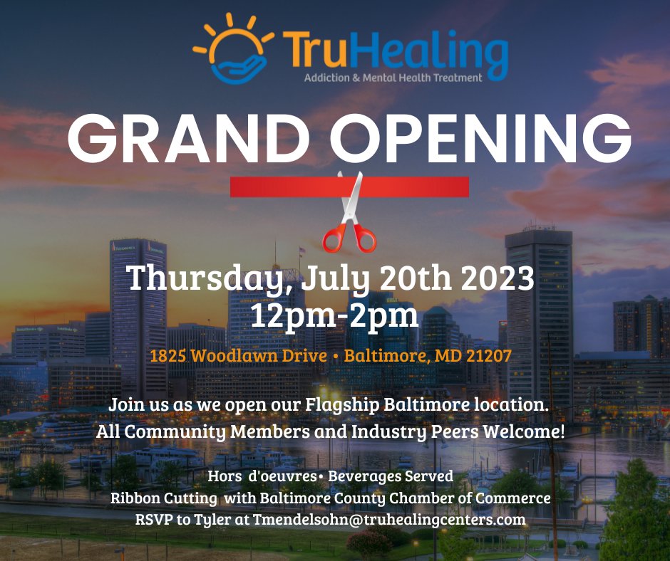TruHealing Baltimore is having a #RibbonCutting and launch event for the new detox and residential center on Woodlawn Drive. July 20th, 12-2pm—mark your calendars! Check out the press release to learn more: bit.ly/3qOSuOv. #OpeningEvent #AddictionTreatment