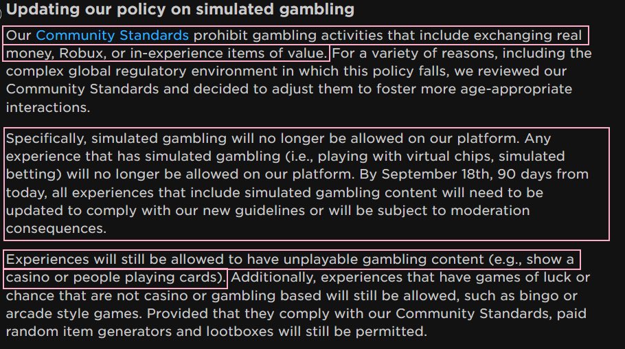 RTC on X: ⚠️ For Developers Roblox's new policy on simulated gambling  policy will be altered to disallow its usage. It will go into effect in 86  days (September 18th, 2023). Lootboxes