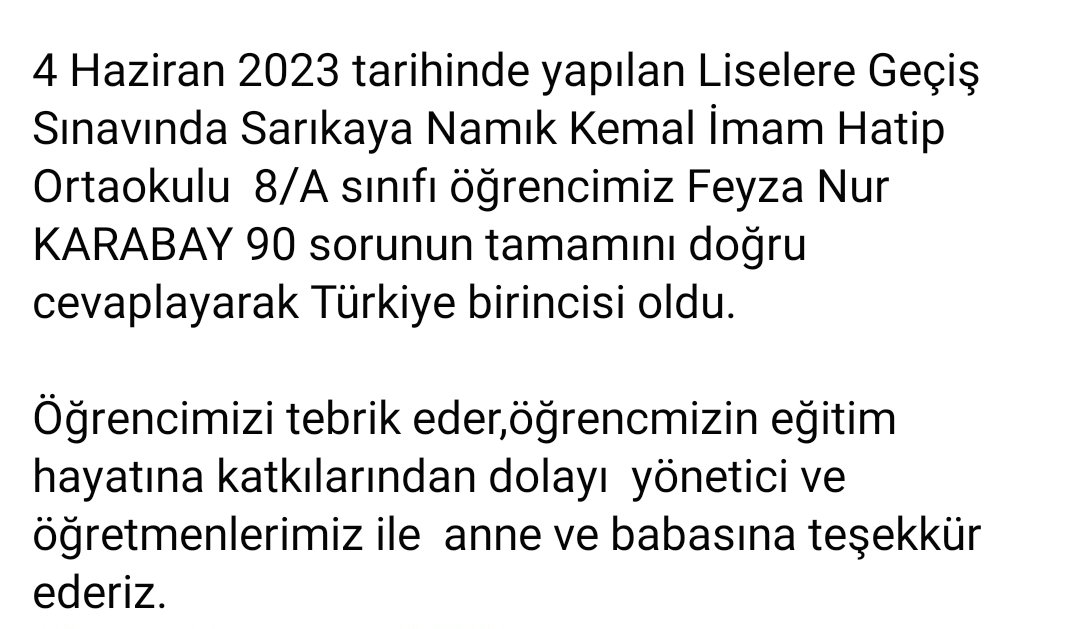 yozgatilmem's tweet photo. 🇹🇷Öğrencimiz Feyza Nur KARABAY LGS (Liselere Geçiş Sınavı ) Türkiye Birincisi🇹🇷

#BaşarıYozgattanESER 

@Yusuf__Tekin
@ziyapolat73 
@yusufyaz66 
@tcmeb 
@YozgatValiligi https://t.co/ahmcLAi4Ac