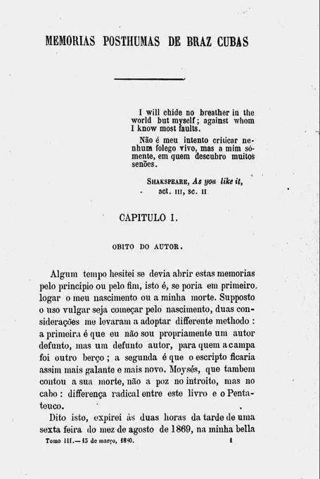 Machado de Assis Online, por Cláudio Soares on X: Quando as Memórias  póstumas de Brás Cubas foram publicadas na Revista Brasileira em 1880, a  famosa dedicatória ao verme que primeiro roeu as