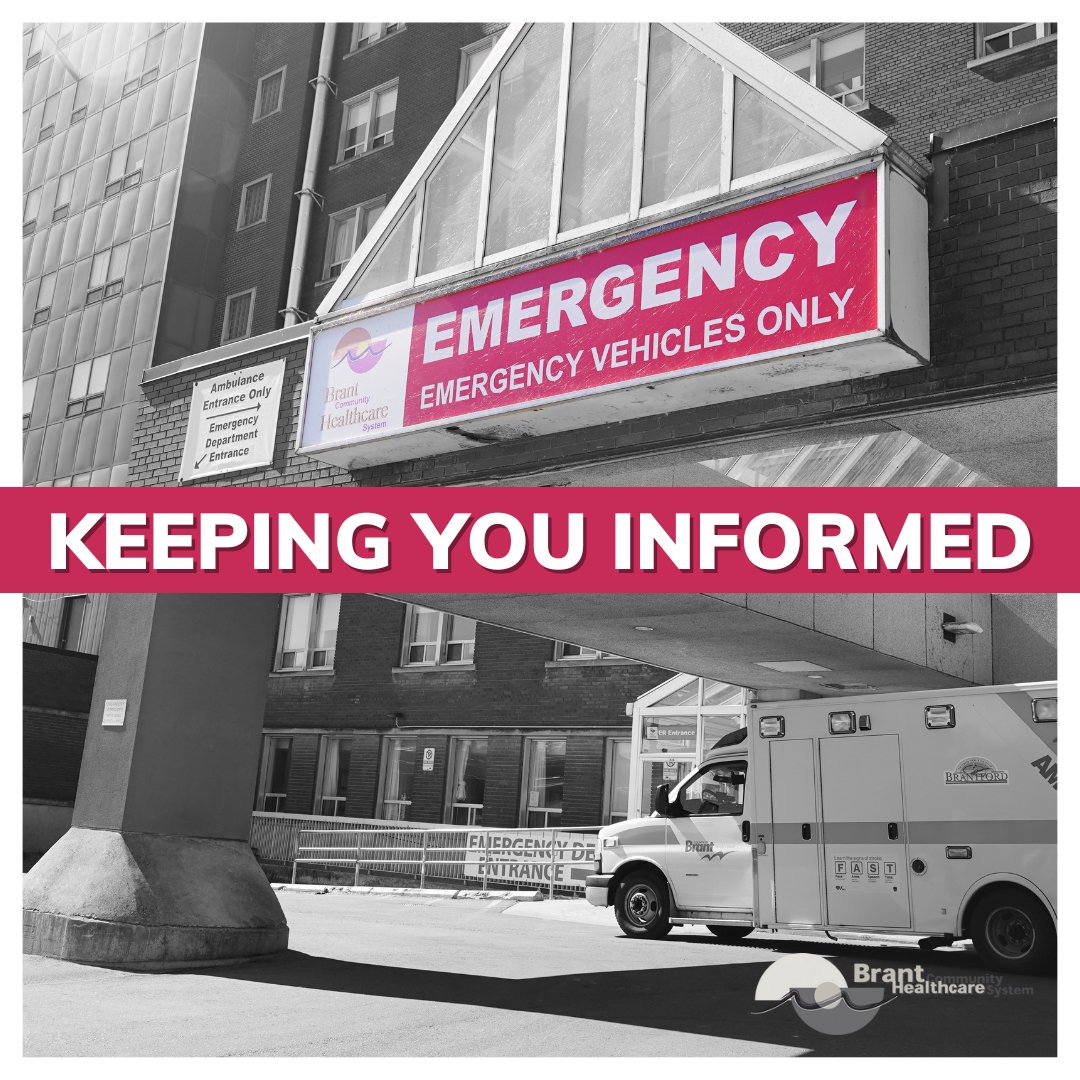 We would like to inform our community that the Brantford General Hospital Emergency Department is under extreme pressure.   

We are facing staffing shortages, while also experiencing a high volume of patients needing care. This is resulting in longer than usual wait times.