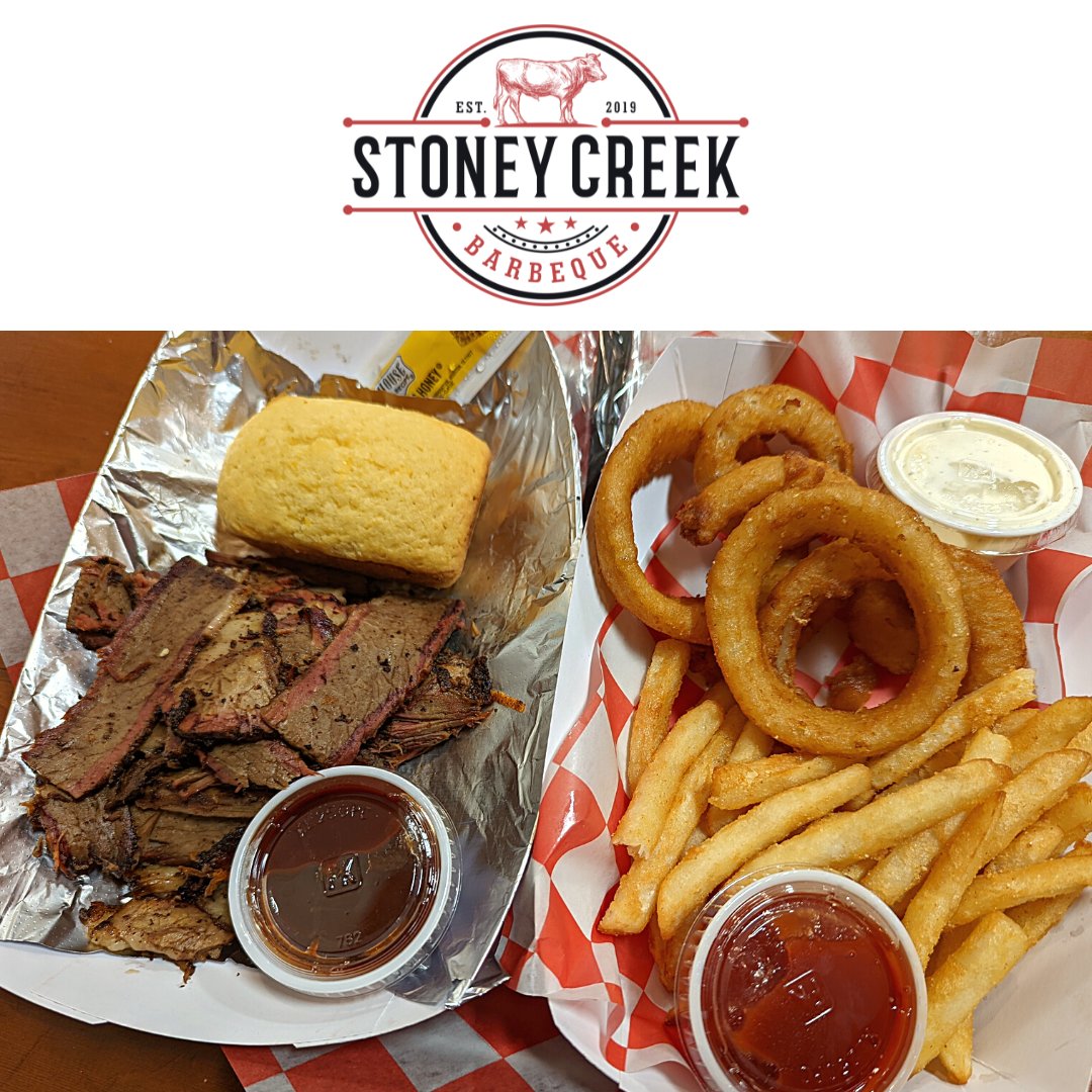 Try our delicious Brisket Dinner. Comes with cornbread & your choice of two small sides: chili beans, coleslaw, potato salad, and fries. Onion rings available for an extra cost. #StoneyCreekBBQ #Porterville #BBQ #LowAndSlow #WorthTheDrive #BrisketDinnerCombo #Brisket #Dinner