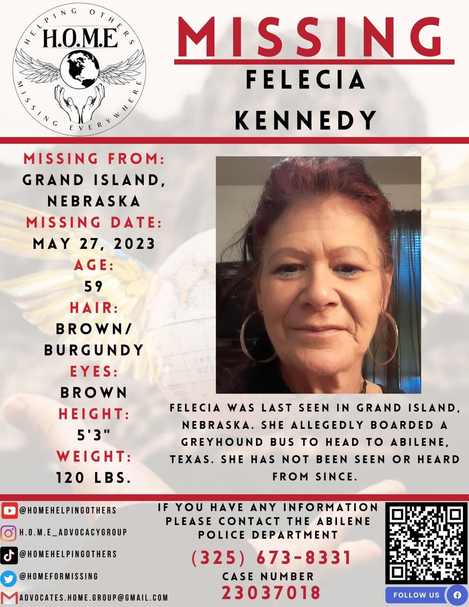 🚨𝗠𝗜𝗦𝗦𝗜𝗡𝗚 𝗣𝗘𝗥𝗦𝗢𝗡🚨
𝗙𝗲𝗹𝗲𝗰𝗶𝗮 𝗔𝗻𝗻 𝗞𝗲𝗻𝗻𝗲𝗱𝘆 (𝟱𝟵)
𝗚𝗿𝗮𝗻𝗱 𝗜𝘀𝗹𝗮𝗻𝗱, 𝗡𝗲𝗯𝗿𝗮𝘀𝗸𝗮 (𝗛𝗮𝗹𝗹 𝗖𝗼𝘂𝗻𝘁𝘆)
𝗠𝗮𝘆 𝟮𝟳, 𝟮𝟬𝟮𝟯
#missingperson #homeformissing #grandislandnebraska #nebraska #hallcounty #abilenetx #abilenetexas #texas
