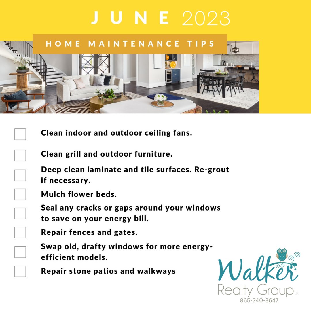 Here are some home maintenance tips to close out June! 
#865life #knoxville #knoxvillerealtor #knoxvillerealty #knoxvillehomes #relocatetoknoxville  #movingtoknoxville #knoxvilletennessee #walkerrealtygroup  #movetoknoxville #justrealtorthings #knoxvillerealestate