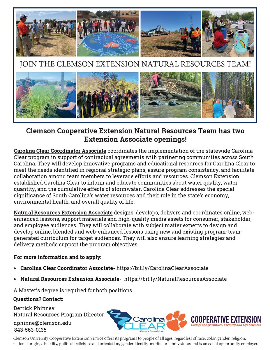 Cal Sawyer (@sedimentcal) on Twitter photo Come be part of our amazing Water Team. We are looking for the right person to coordinate our Carolina Clear program. CC is an award-winning educational enterprise that is having a demonstrated impact on the people and waterways of South Carolina.
<a href="/ClemsonCAFLS/">Clemson CAFLS</a> <a href="/CUESNews/">Clemson Extension</a> Come be part of our amazing Water Team. We are looking for the right person to coordinate our Carolina Clear program. CC is an award-winning educational enterprise that is having a demonstrated impact on the people and waterways of South Carolina.
<a href="/ClemsonCAFLS/">Clemson CAFLS</a> <a href="/CUESNews/">Clemson Extension</a>