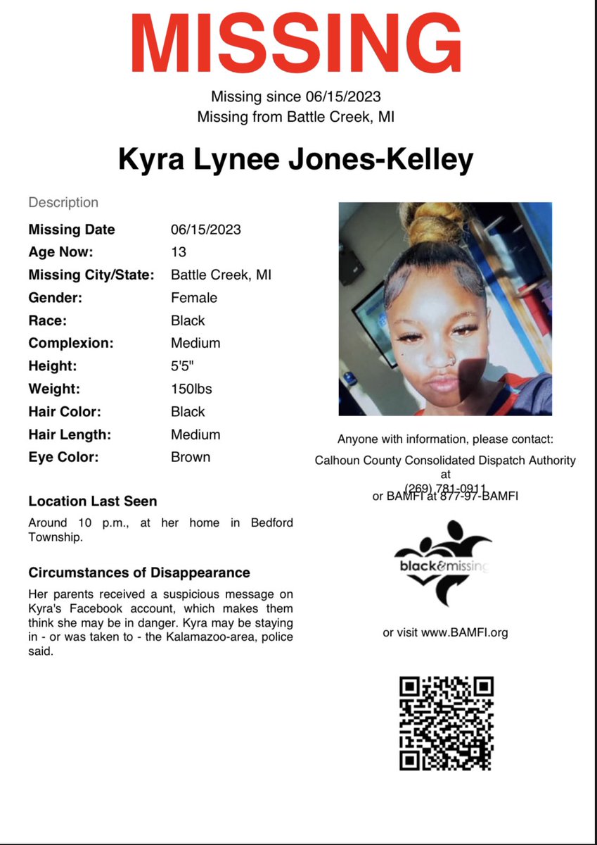 Battle Creek, MI: 13 y/o Kyra Jones-Kelley was last seen on June 15th around 10pm at her home in Beford Township. Her parents received a suspicious message from Kyra’s FB account, which makes them think she may be in danger. #HelpUsFindUs #KyraJonesKelley