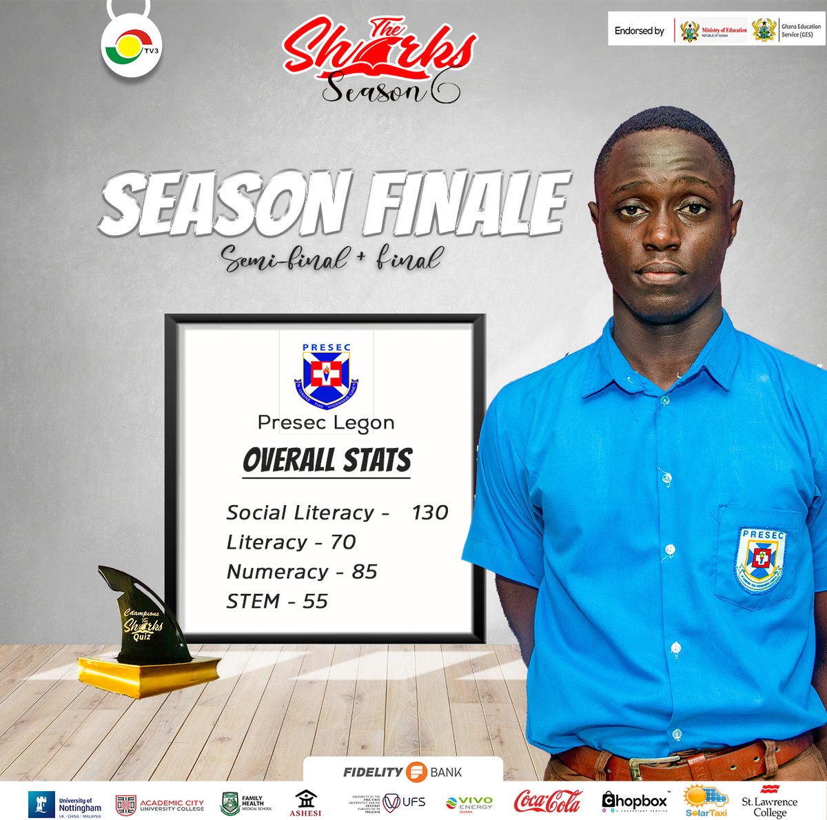 Season Finale!

PRESEC Legon has looked the brightest in Literacy and Numeracy in the Round of 16 and Quarterfinals of this season's Sharks Quiz.

Can they produce the same in the semifinal tomorrow, June 24, 2023?

#TheSharks
#Sharks6