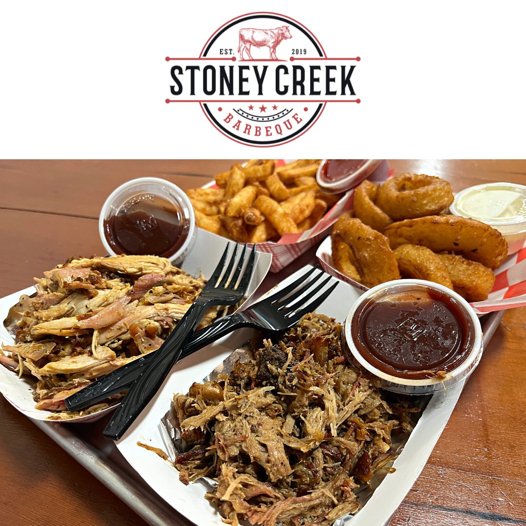 Hungry? Our Two Meat Combo is what you're looking for! Comes with a drink, cornbread & your choice of two small sides: chili beans, coleslaw, rice pilaf, potato salad, french fries, or onion rings.

#StoneyCreekBBQ
#Porterville
#BBQ
#LowAndSlow
#TwoMeatDinnerCombo
#ChickenAndPork