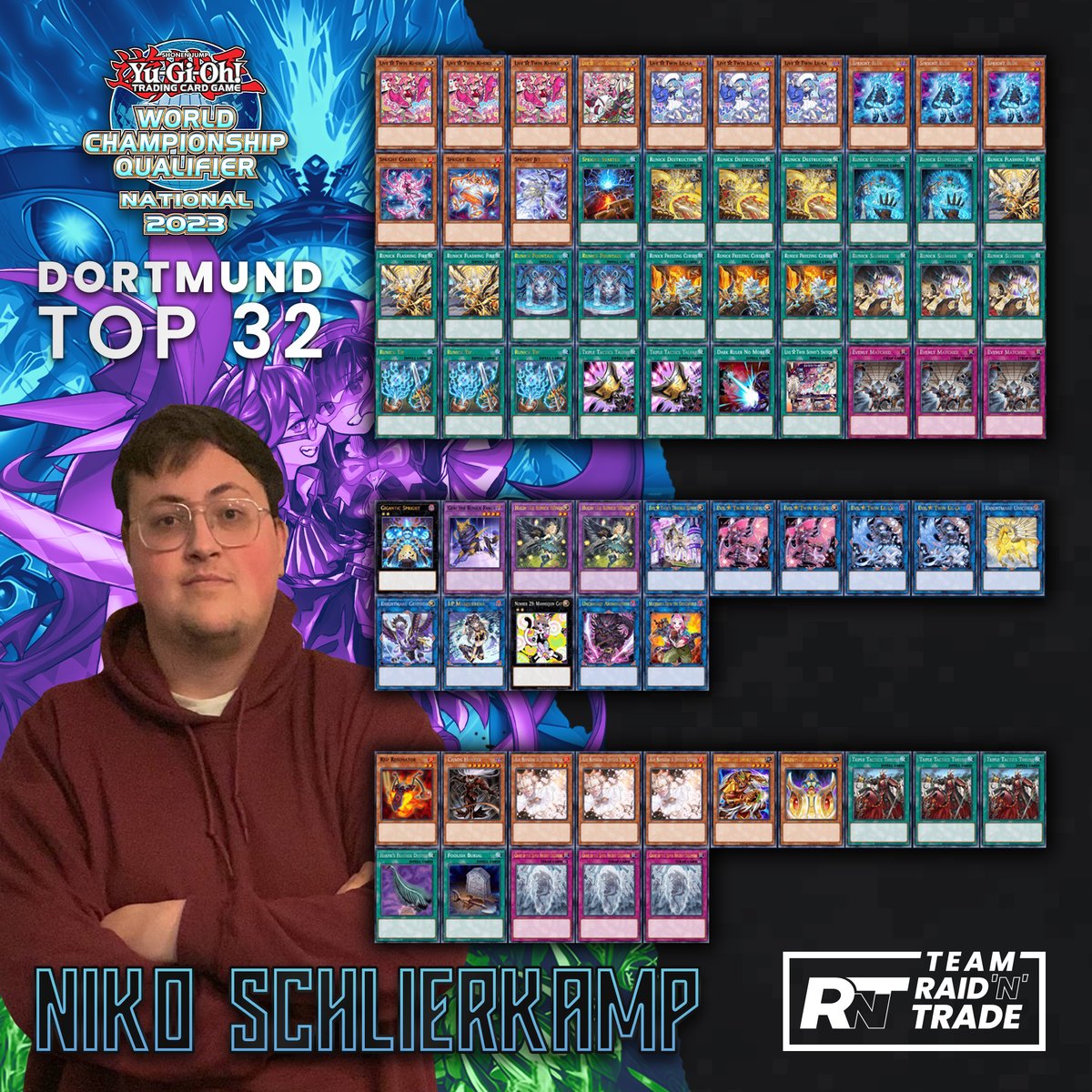 Congratulations to our talented member Niko Schlierkamp for reaching the  top 32 at the tournament with his impressive Spright Runick Live Twin  deck! 🎉🔥 Your dedication and skill have paid off, and we're proud to  have you as part of our team.