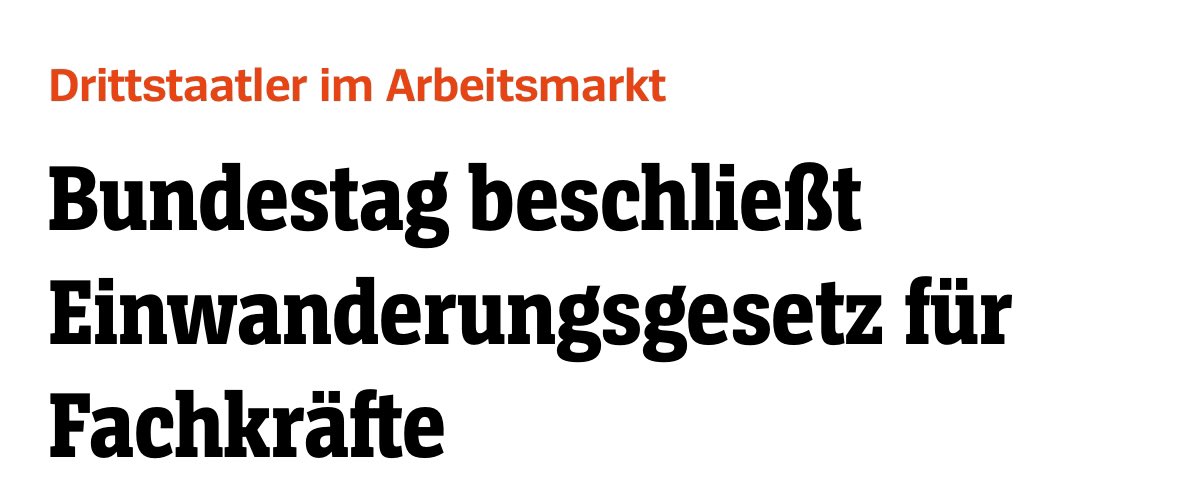 Heute wurde das #Fachkräfteeinwanderungsgesetz im Deutschen Bundestag verabschiedet - es ebnet den Weg für die sehr nötige Gewinnung von Fachkräften: Wir erleichtern den Weg und das Ankommen in Deutschland, nehmen eine große Hürde in der Arbeit gegen den Fachkräftemangel. (1/7)