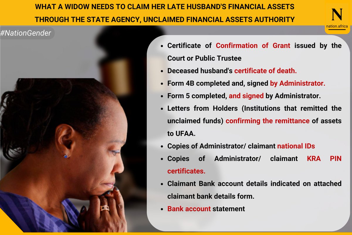 NationAfrica's tweet photo. What a widow needs  to claim her late husband's financial assets through the State agency, Unclaimed Financial Assets Authority.
#NationGender 
#InternationalWidowsDay https://t.co/ZZRX99fx1X