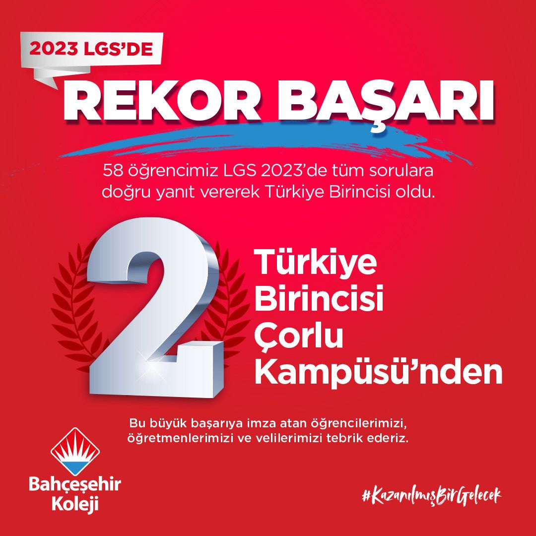 Bugün açıklanan sonuçlara göre 2 öğrencimiz #TürkiyeBirincisi olmuştur. Bu gururu bize yaşatan öğrencilerimizi tebrik eder, sınava giren herkesin hedeflerine ulaşmasını dilerim.💙❤️ #ÇorluBK

<a href="/bahcesehir_k12/">Bahçeşehir Koleji</a> 
<a href="/FGencel/">Ferda Gençel Yavaşoğlu</a> 
<a href="/sevtapengin/">sevtap engin</a> 
<a href="/corlubk/">BK Çorlu Kampüsü</a> 
<a href="/omerfarukozer/">ömer faruk özer</a> 
<a href="/kerimbatmaz59/">kerim batmaz</a>