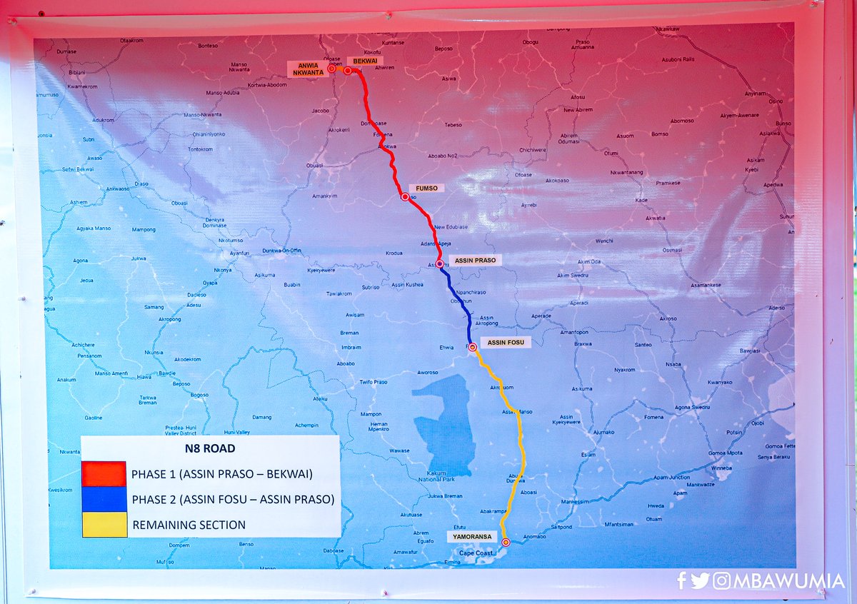 MBawumia's tweet photo. I commissioned the 31.2km Assin Fosu-Assin Praso portion of the National Trunk Road N8 (Phase 2) at Assin Praso on Friday, 23 June, 2023.

The N8 is an important link for the transportation of freight and people from the Western and Central regions to Ashanti region and the northern parts of Ghana, as well as neighbouring landlocked countries.