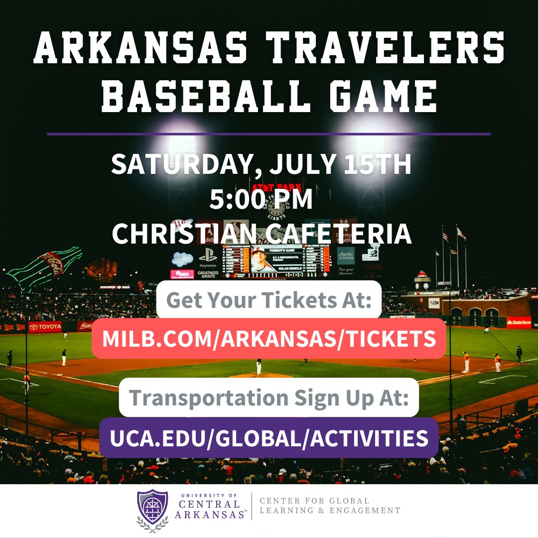 Our office will be providing FREE transportation on SATURDAY, JULY 15TH AT 5:00 PM from the Cafeteria to the Arkansas Baseball Game. You should be able to reserve your ticket online or get it at the door.

Sign up by July 13th. 
docs.google.com/forms/d/e/1FAI…