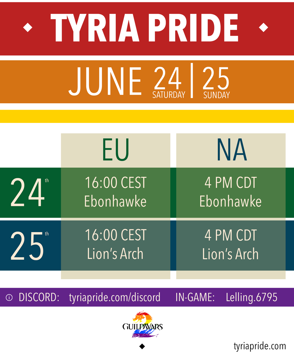 The Tyria Pride event starts tomorrow in #GuildWars2 ! This community-run event celebrates the LGBTQ+ community and allies both in and out of game, and raises funds for @RainbowRailroad
Get all the details here: bit.ly/3Nq5bXS