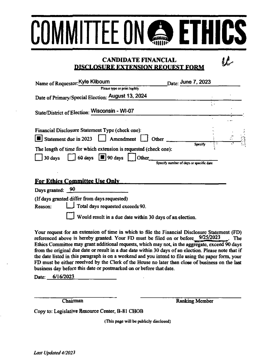 NEW HOUSE CAND FINANCIAL DISCLOSURE EXTENSION REQUEST Kyle Kilbourn #WI07 disclosures-clerk.house.gov/public_disc/fi…