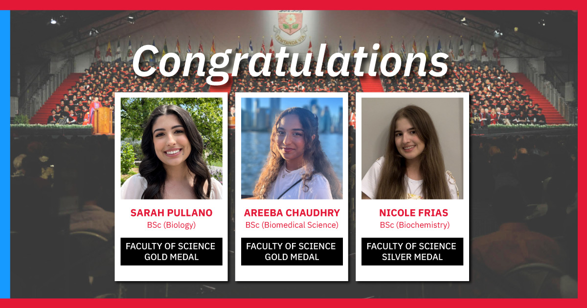 Well done Sarah Pullano, Areeba Chaudhry, and Nicole Frias! These three students received the Faculty of Science Gold and Silver Medals at the Spring Convocation Ceremony yesterday! yorku.ca/science/2023/0… | #YorkUConvo