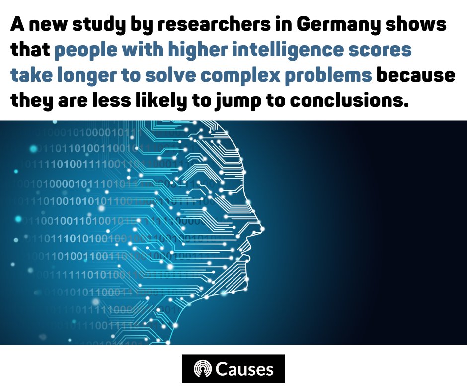 causes's tweet image. A new study by researchers in Germany shows that people with higher intelligence scores take longer to solve complex problems because they are less likely to jump to conclusions.
 #higherintelligence #complexproblems #study #researchers #intelligence