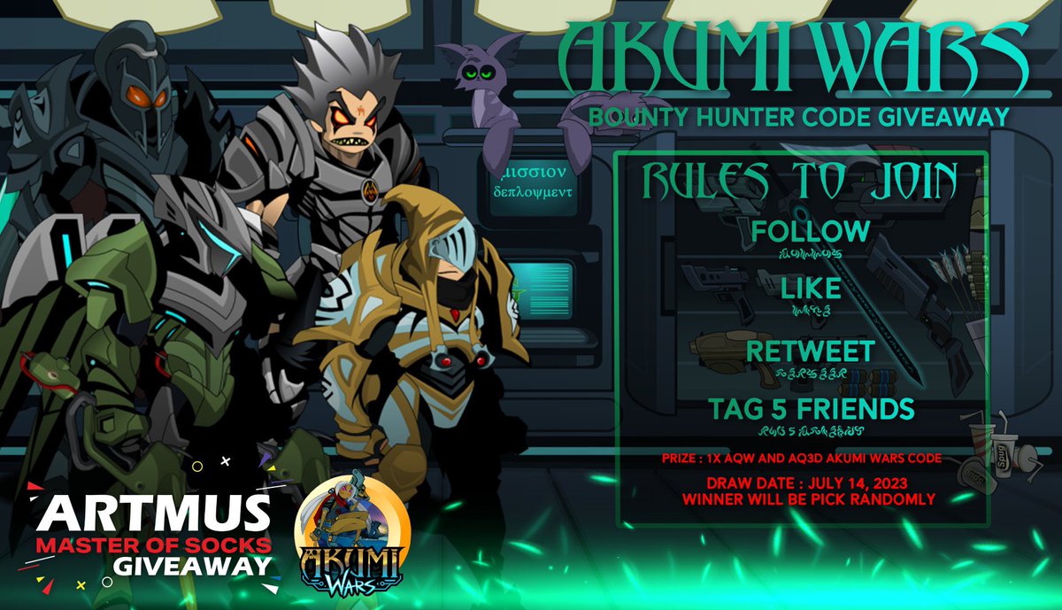 ‼️ Akumi Wars Backer Kit Code Giveaway ‼️

✋Rules in order to participate✋

🔴Like, Follow Me & Retweet 🔴
🔴Comment and Tag 5 of your Friends🔴

Deadline/Draw date will be on July 14, 2023.
Winner must DM me to get his prize.

Thanks to @AdmireMick for making this banner.