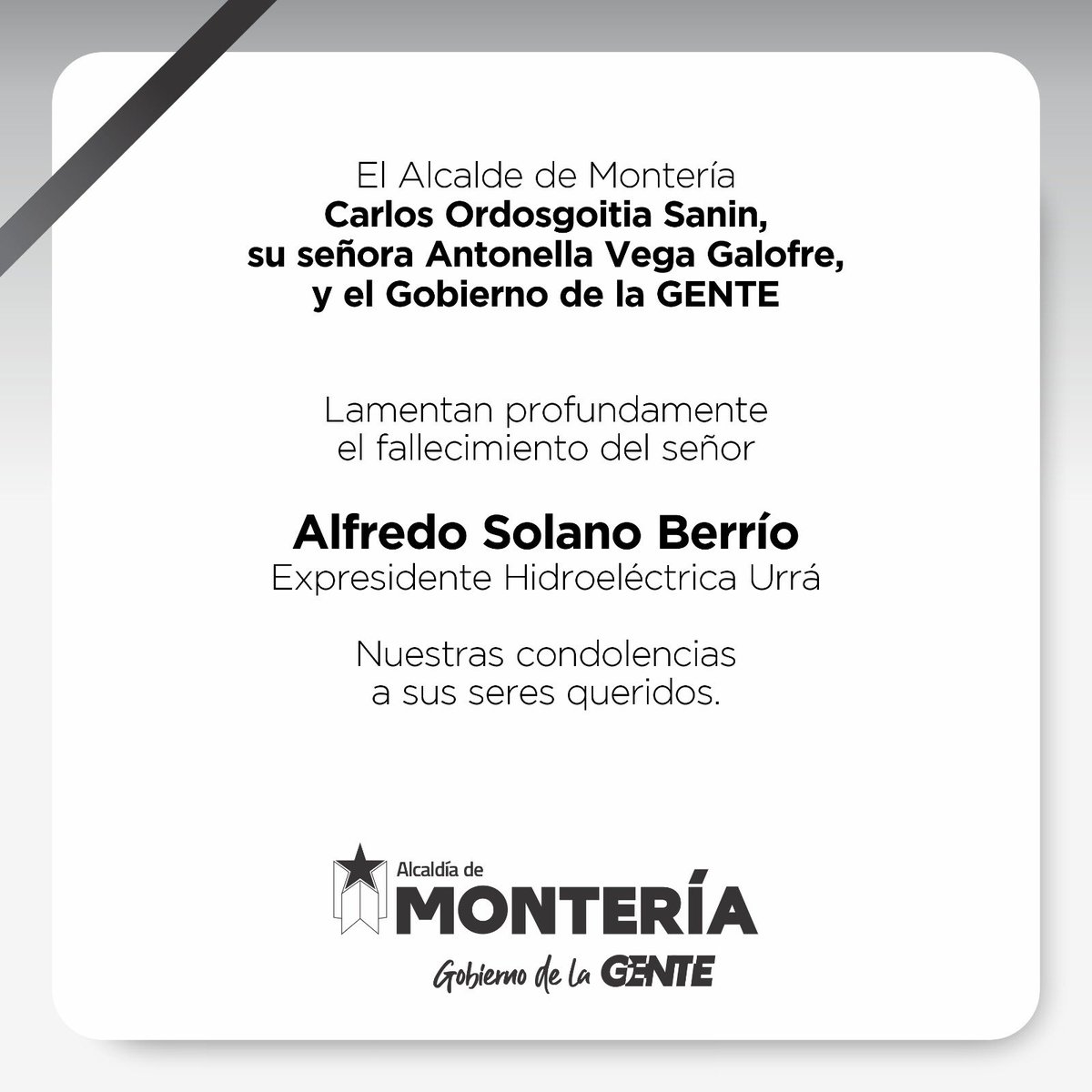 Lamentamos la partida de Alfredo Solano Berrío, expresidente de la  Hidroeléctrica Urrá, quien aportó al desarrollo de Córdoba durante los 25  años en los que lideró una de las compañías más importantes