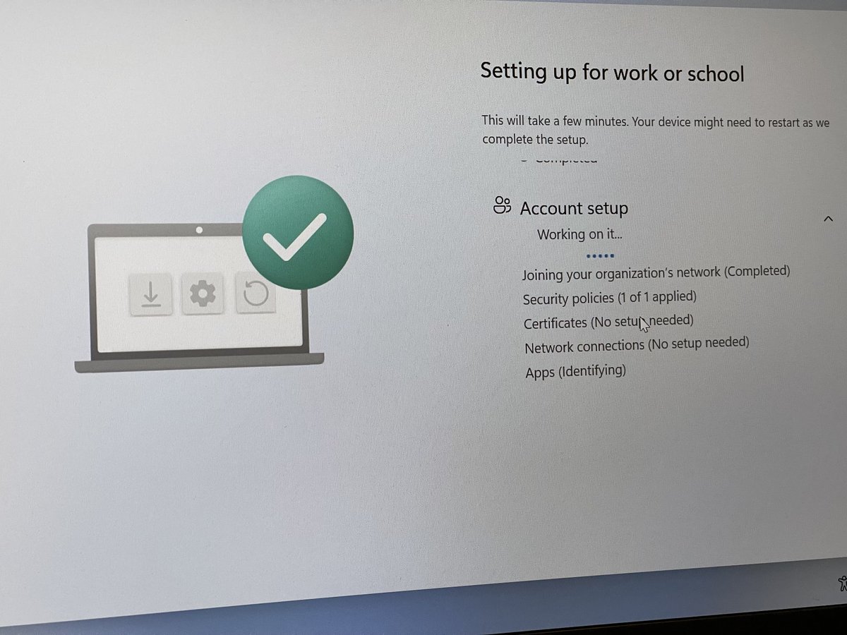 So frustrating that I cannot identify why ESP constantly hangs on this step (Apps…Identifying).  When I try to break into the process and put in elevated creds, it won’t display the MFA prompt box so I’m never able to get to the logs…and it’s not uploading them to Intune.