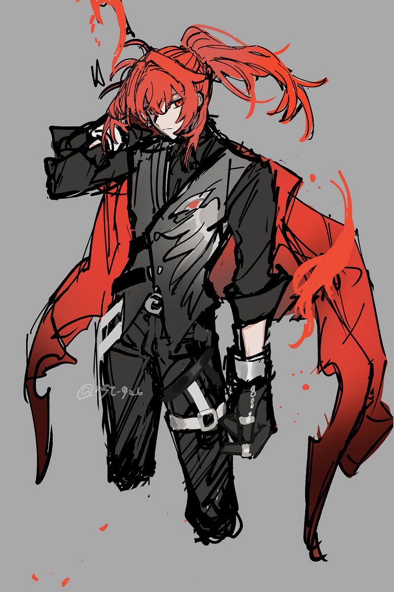 diluc (genshin impact) 1boy male focus red hair gloves grey background solo ponytail  illustration images