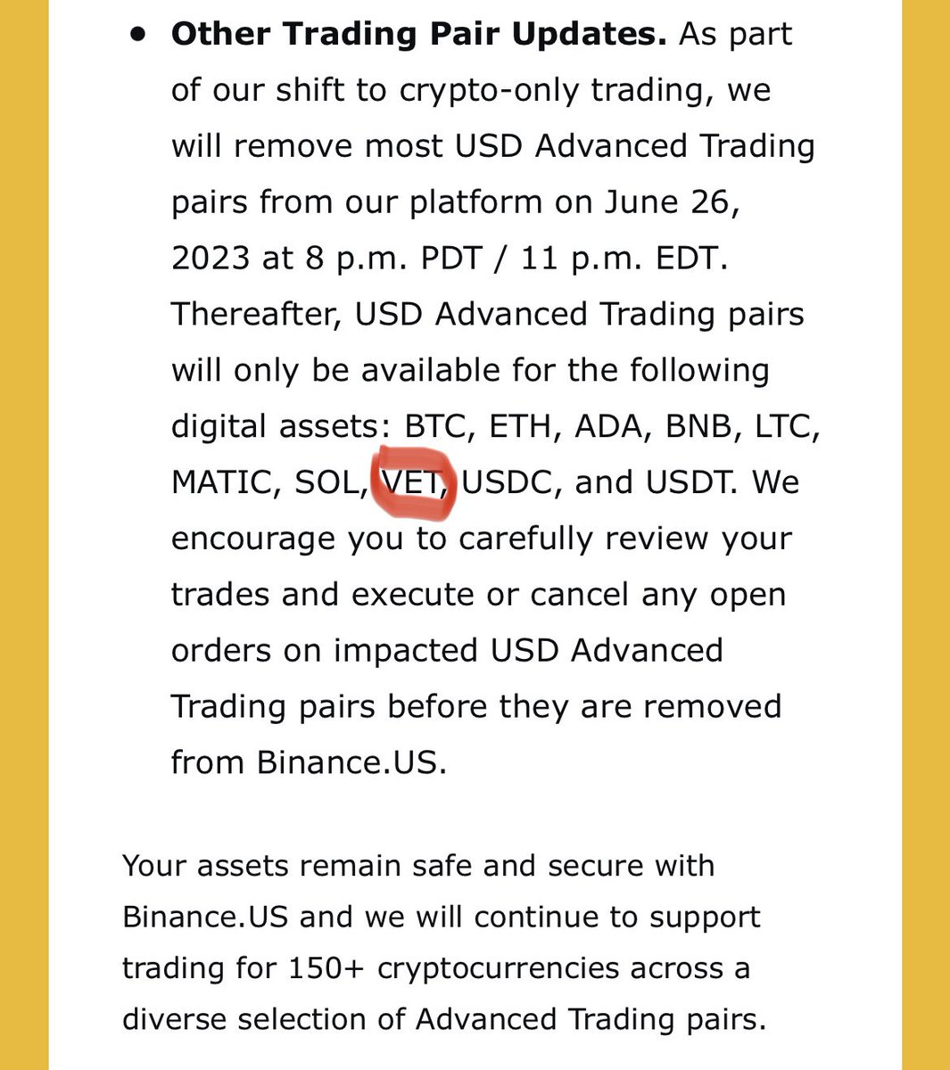Vechain is one of the few cryptos that will still be available for USD pairings on Binance US. Another win for Vefam.