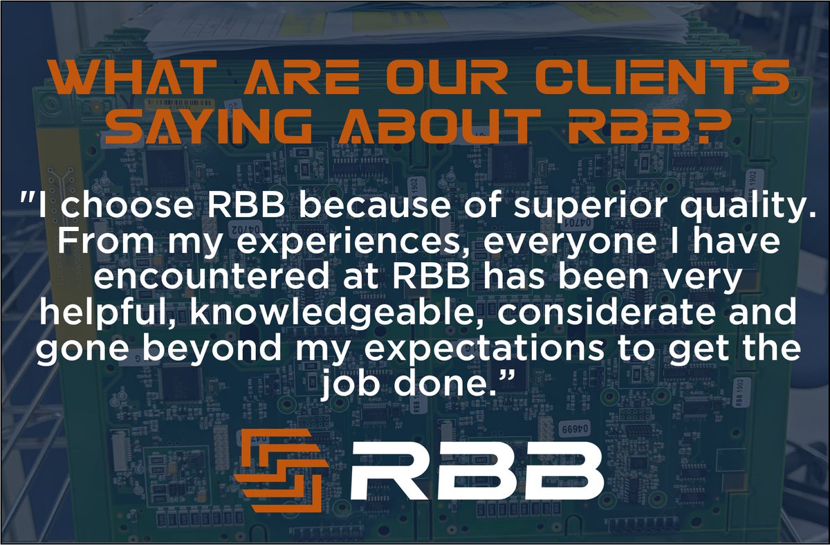 What are our clients saying about RBB? Check this out! #clientfeedback #testimonial #greatteam #PCBA #electronicsmanufacturing #feedbackfriday hubs.ly/Q01NL6zQ0