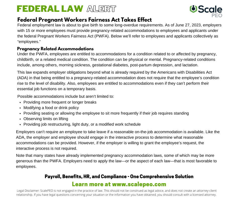 Scale_PEO's tweet photo. See the latest Federal Law Alert from our ScalePEO HR Pros below. #ScalePEO #SmallBusiness #WorkWithScalePEO #PWFA https://t.co/I6fnq9wohJ