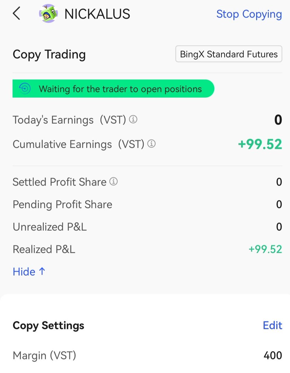 @NFTeaCafe_ going 🔥

400 vst ~100 profit in 2 days

NICKALUS King

Don't have anything to invest, did the copy trading with vst to appreciate the efforts of the king.

Trying to get funds to invest one day with you.

Thank you for this amazing team @EC_NFTea 🙏
#spotking #nftea