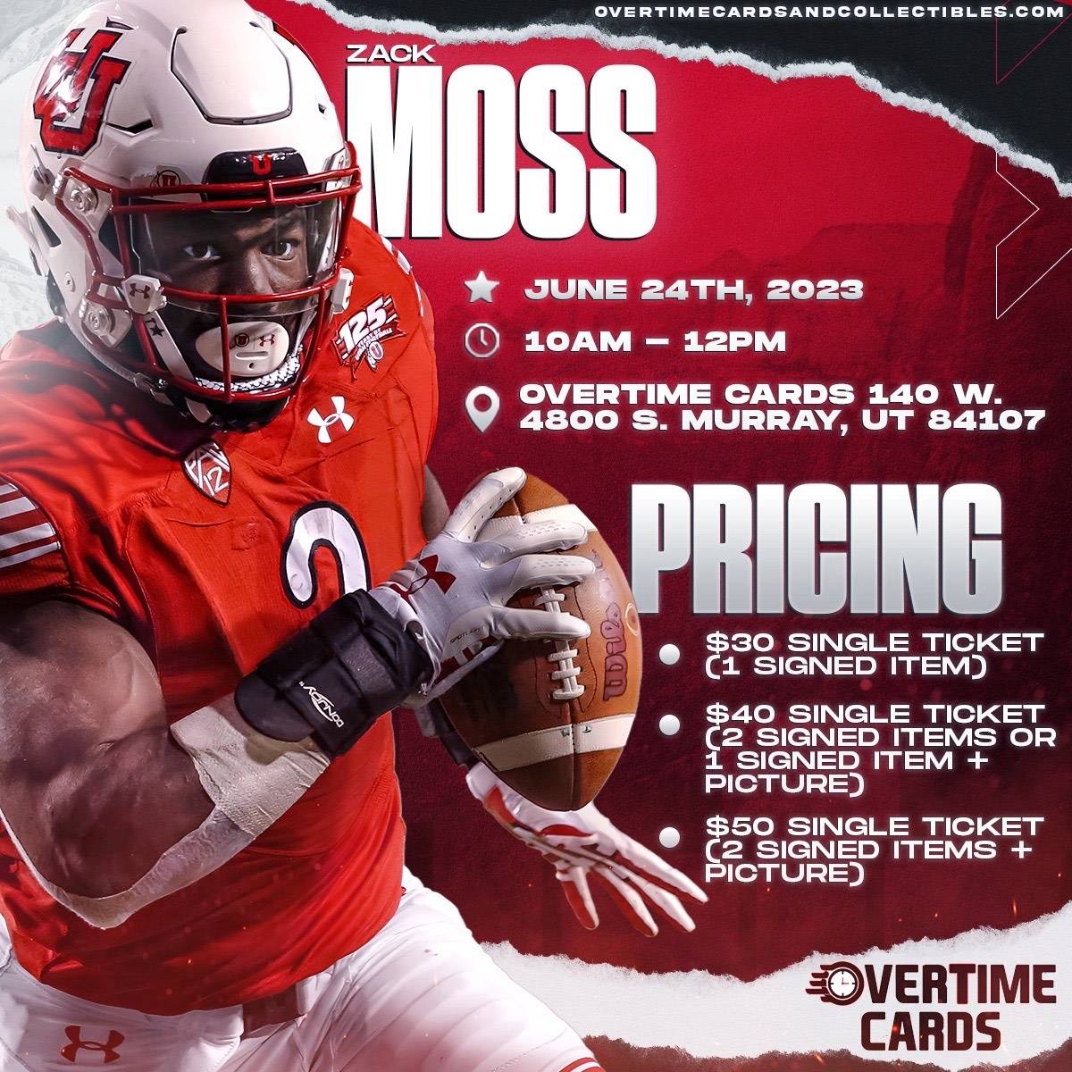 OvertimeCardsUT's tweet photo. Tomorrow! June 24, 10 am - noon. Purchase your tickets in advance before the signing sells out!
Have your swag signed and get your ๐ธ with Zack. #MossMode #UtahFootball #coltsnation #signing #UtahCardShop #OvertimeCards https://t.co/Wjem3PG9rK