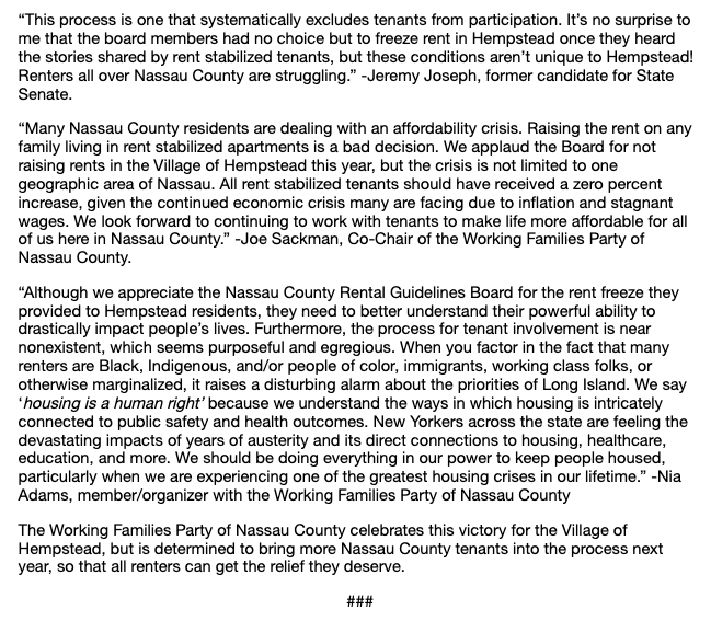 WORKING FAMILIES PARTY OF NASSAU COUNTY CELEBRATES RENT FREEZE FOR HEMPSTEAD,
WILL FIGHT FOR MORE NEXT YEAR
docs.google.com/document/d/e/2…