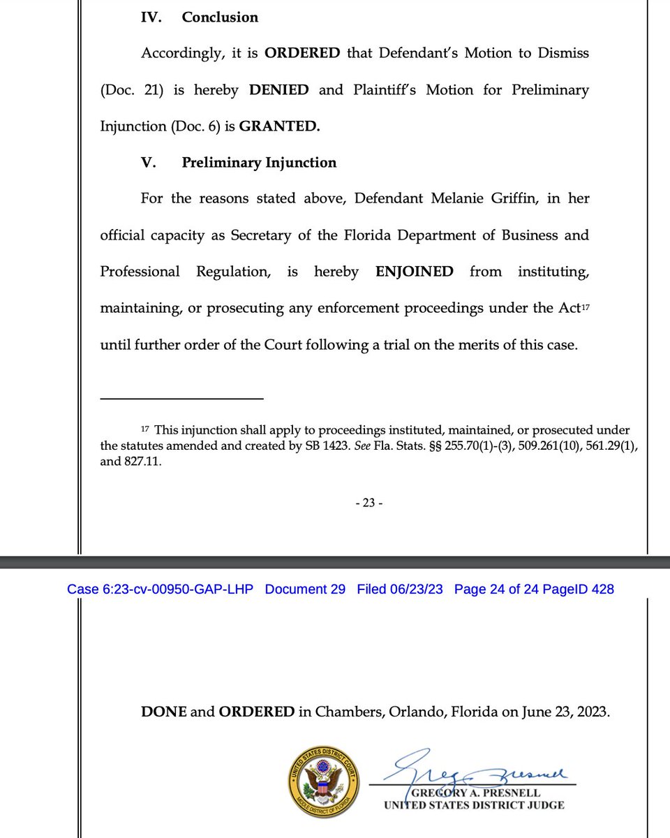 BREAKING: Federal judge rules Florida is barred from enforcing the state's new anti-drag law (SB 1438), granting a preliminary injunction in the case brought by Hamburger Mary's. More to come at Law Dork: lawdork.com