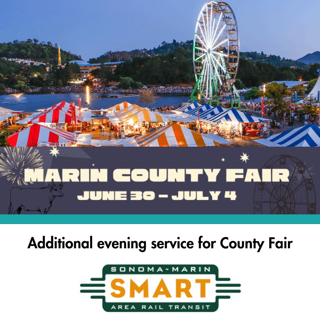 The SMART train is adding evening service during the Marin County Fair.
Visit sonomamarintrain.org/mcf for the updated train schedule during the County Fair (June 30 to July 4).
