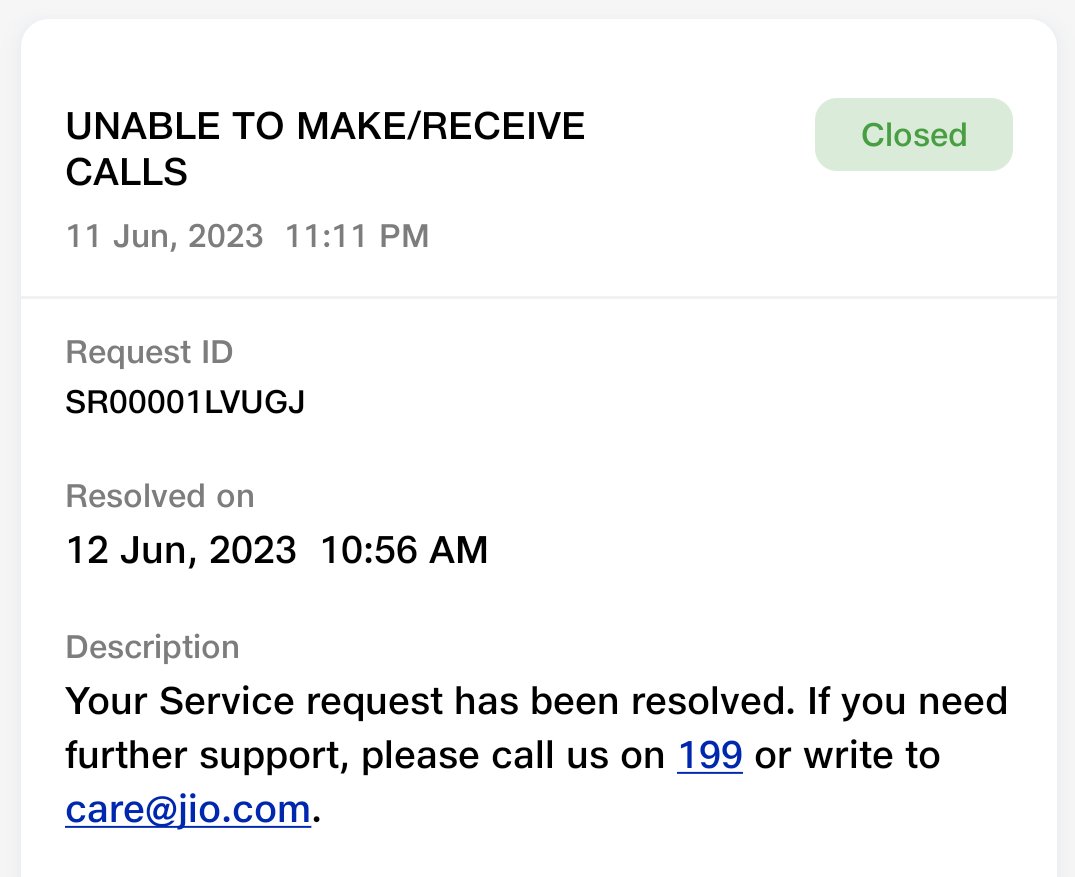 nidishn's tweet photo. i am not able to make calls neither i get calls.hav to restart the mobile everytime to continue d https://t.co/7JRQBP5s8f happens twice a day.I raised the complaint on june 11th..closed very next day widout any feedback or resolving the matter.still facing same issue. @JioCare https://t.co/J5KCSXHH6u
