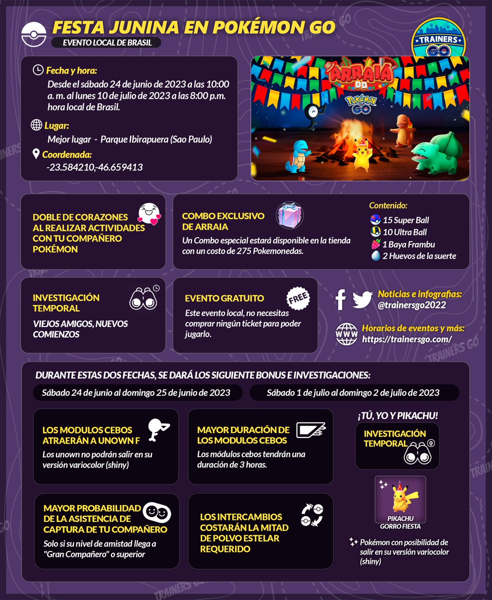 trainersgo2022's tweet photo. 🥳Trainers, nuevo evento local que se realizara solo en Brasil.
▶️Todos los detalles del evento local y horario de inicio aquí:
https://t.co/r3CVwpRArs
#PokemonGO #Hiddengems #ShadowRegirock #TeamGORocket #ShinyPancham #ShinyCheck #PokemonGOApp https://t.co/aZ0XT9N1vF