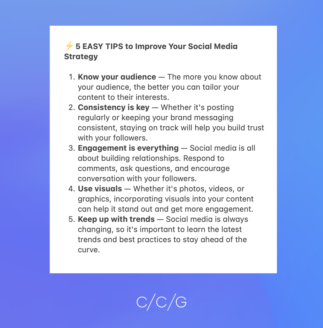 ⚡5 EASY TIPS. Crafting a social media strategy is crucial in today's digital world. Here are 5 things you can start doing TODAY to improve your strategy!

#contentstrategy #socialmediastrategy #socialmediatips